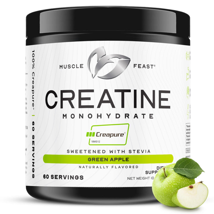 Muscle Feast Creapure creatine powder bottle boosts endurance during bursts.