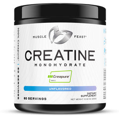 Muscle Feast Creapure Creatine Powder bottle highlights purity and keto-friendly formula for workouts.