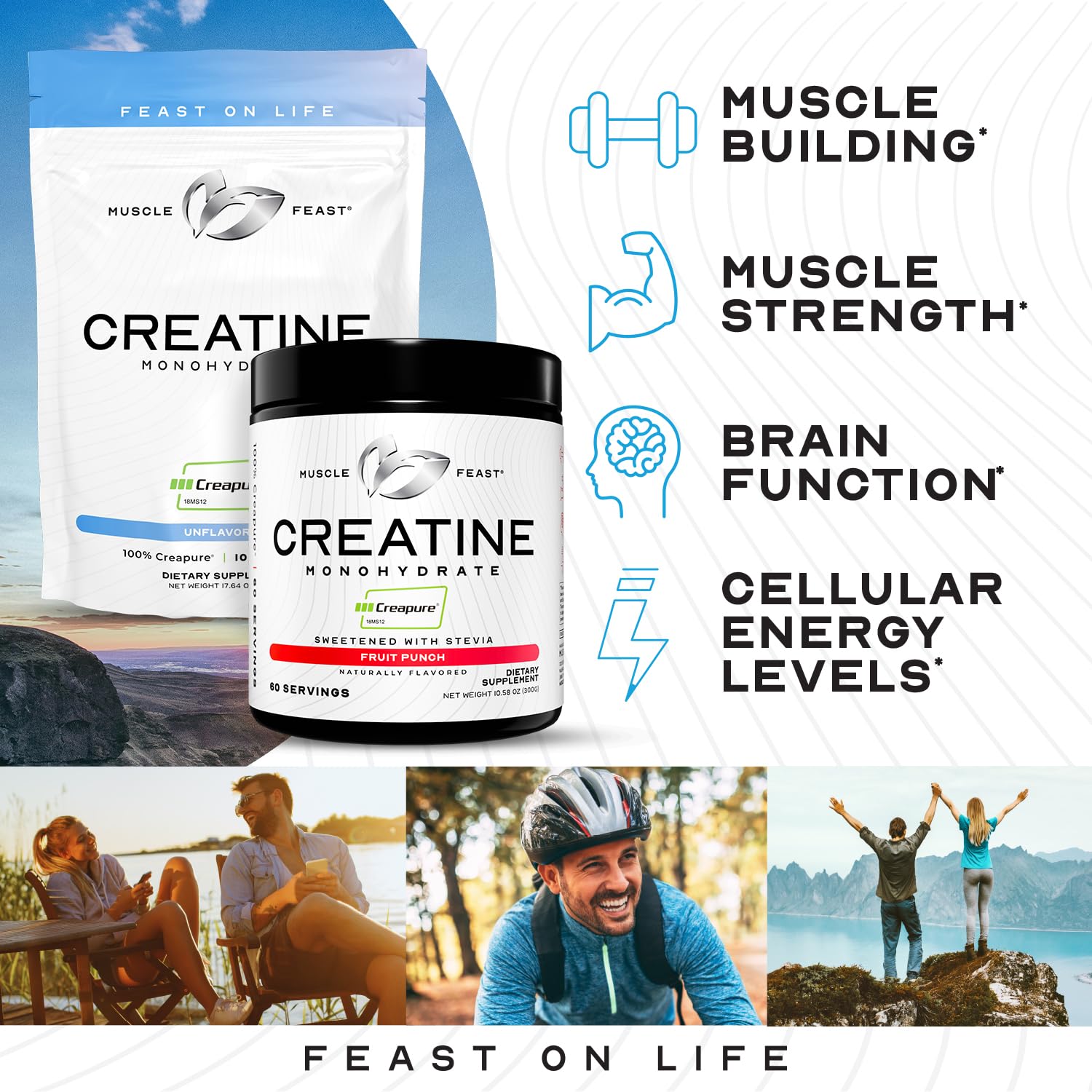 Muscle Feast Creapure powder with a glass shows flavor integration.
