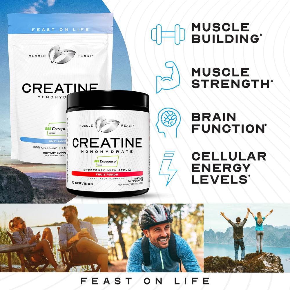 Muscle Feast Creapure powder with a glass shows flavor integration.