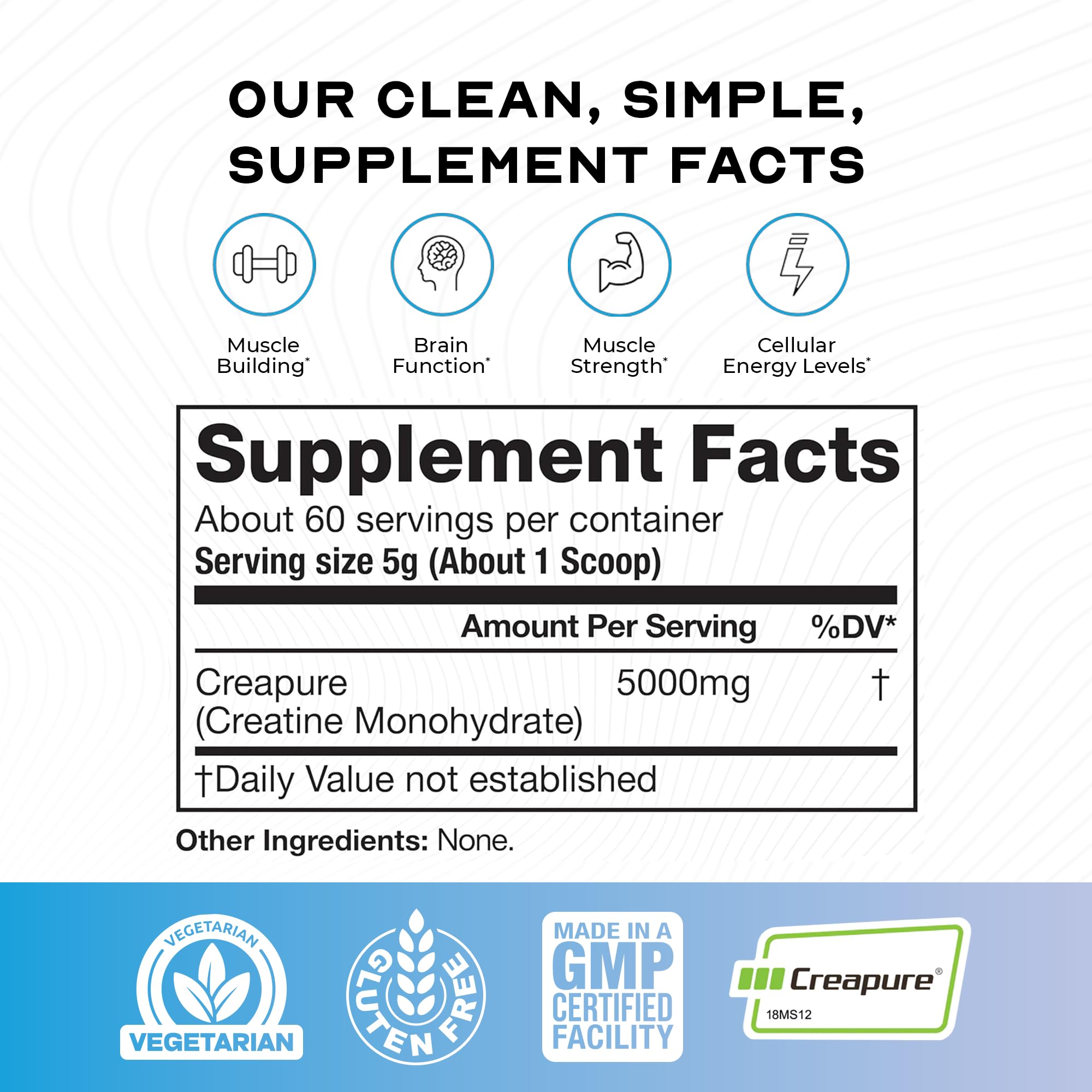 Muscle Feast Creapure Creatine Powder label closeup emphasizes pure, gluten-free creatine quality.