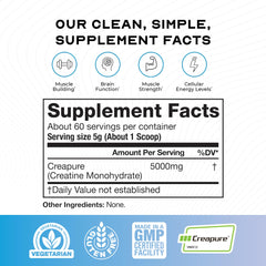 Muscle Feast Creapure Creatine Powder label closeup emphasizes pure, gluten-free creatine quality.