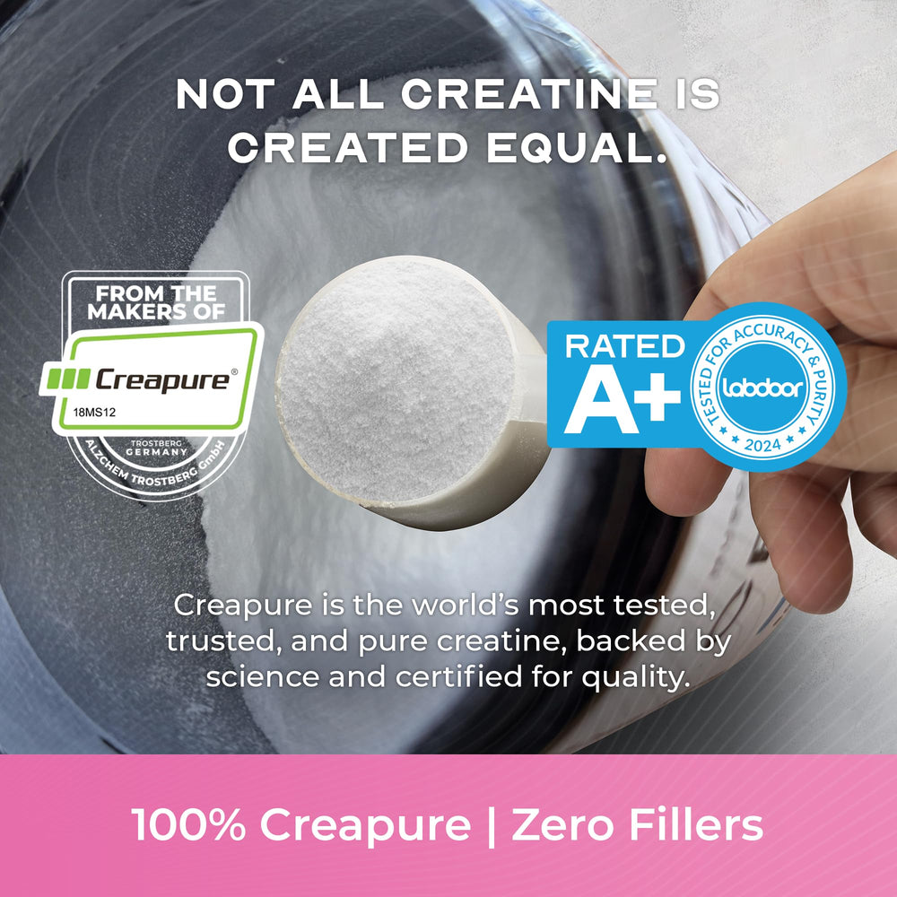 Muscle Feast Creapure label close-up emphasizing 99.9% pure creatine quality.