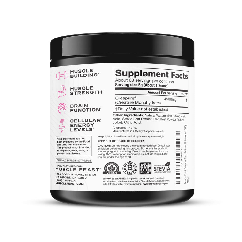Muscle Feast Creapure powdered creatine dissolves smoothly for daily training sessions.