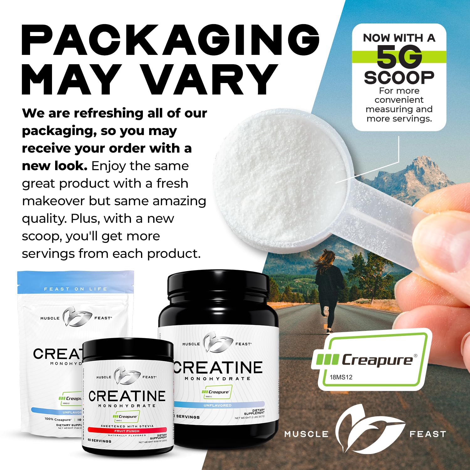 Muscle Feast Creapure powder scoop demonstrates consistent serving dosing.