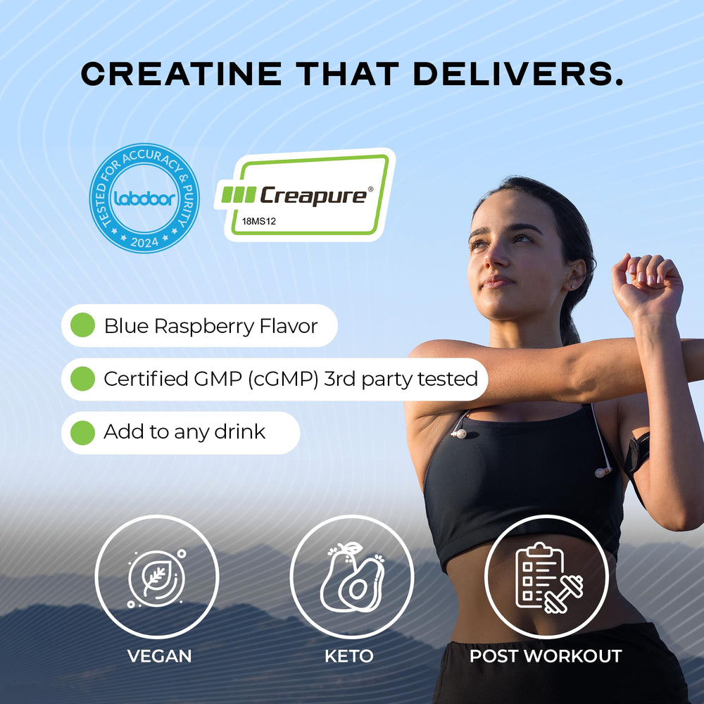 Shaker featuring blue raspberry Creapure powder emphasizes convenient on-the-go use.