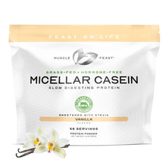 Muscle Feast grass-fed micellar casein vanilla powder in a 4lb tub for steady overnight nutrition.