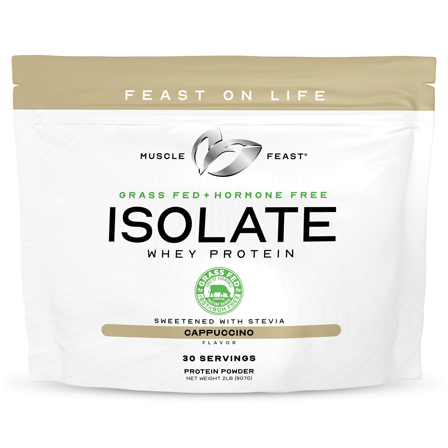 Muscle Feast grass-fed whey isolate bag with resealable packaging for easy daily use.