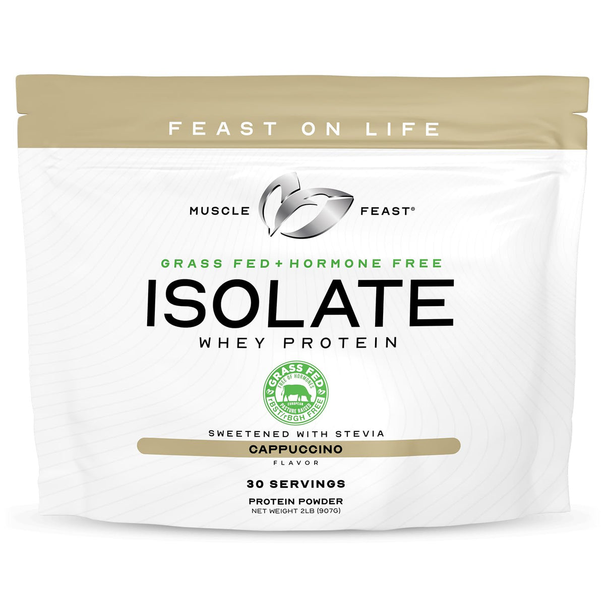 Muscle Feast grass-fed whey isolate bag with resealable packaging for easy daily use.