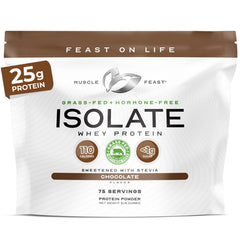 Muscle Feast grass-fed whey isolate chocolate powder for daily protein and workouts.