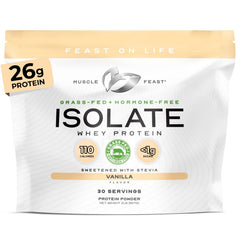 Muscle Feast grass-fed whey isolate vanilla bottle on counter for post-workout fuel