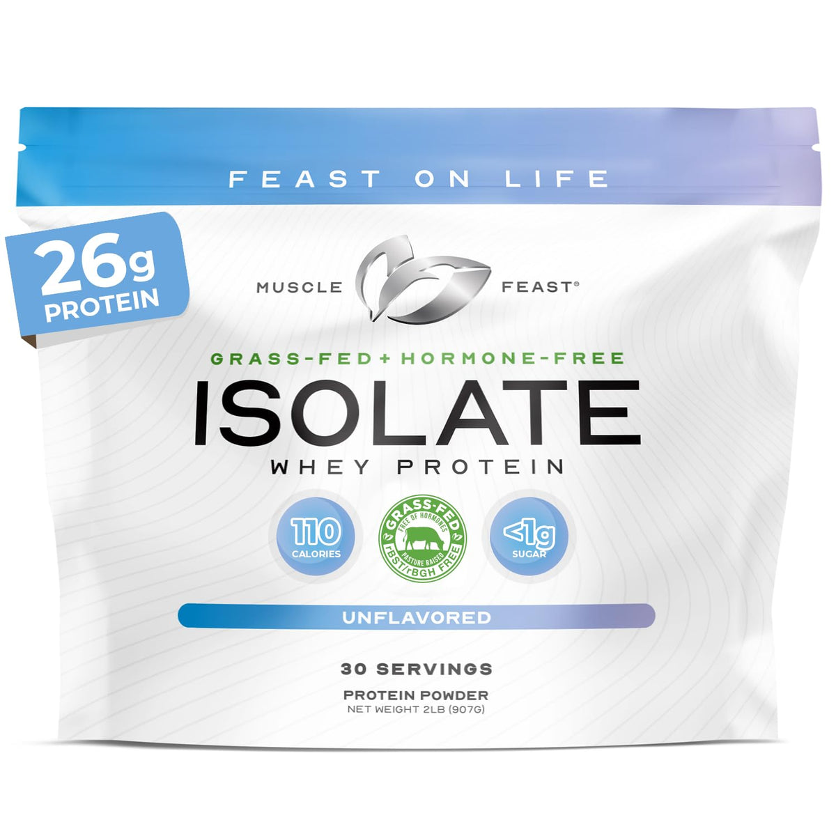 Muscle Feast grass-fed whey isolate packaging showing a clean label for everyday use.