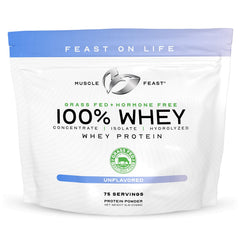 Muscle Feast grass-fed whey tub front showing high-quality protein blend for daily support.