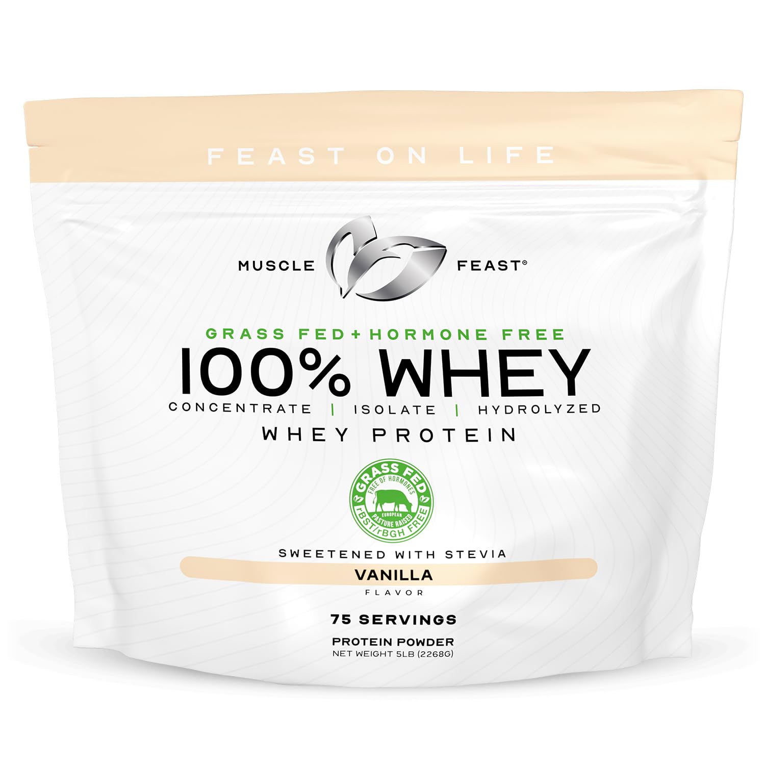 Muscle Feast grass-fed whey vanilla jar front showcasing natural ingredients