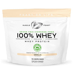 Muscle Feast grass-fed whey vanilla jar front showcasing natural ingredients