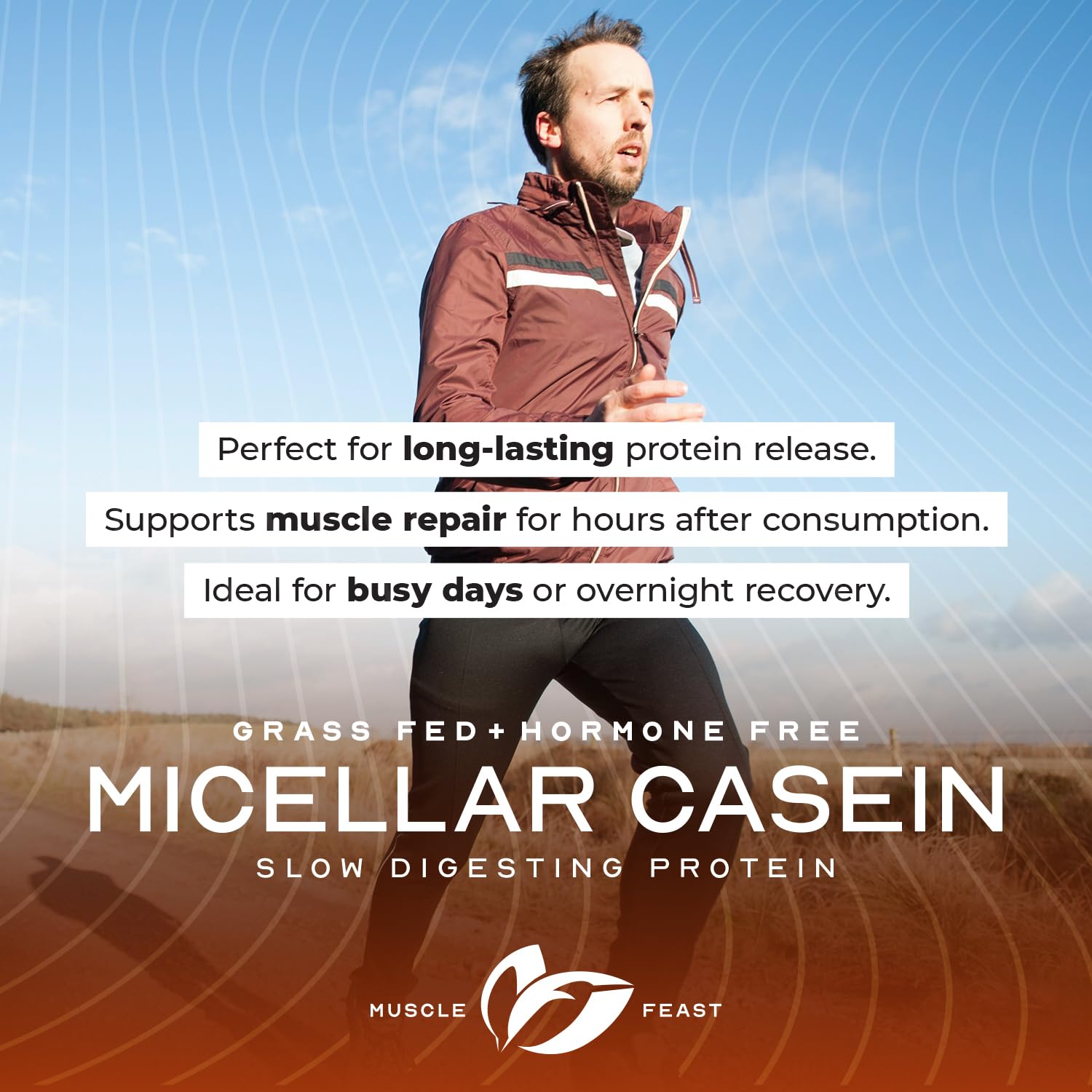 No artificial flavors and stevia-sweetened Muscle Feast casein on white background.
