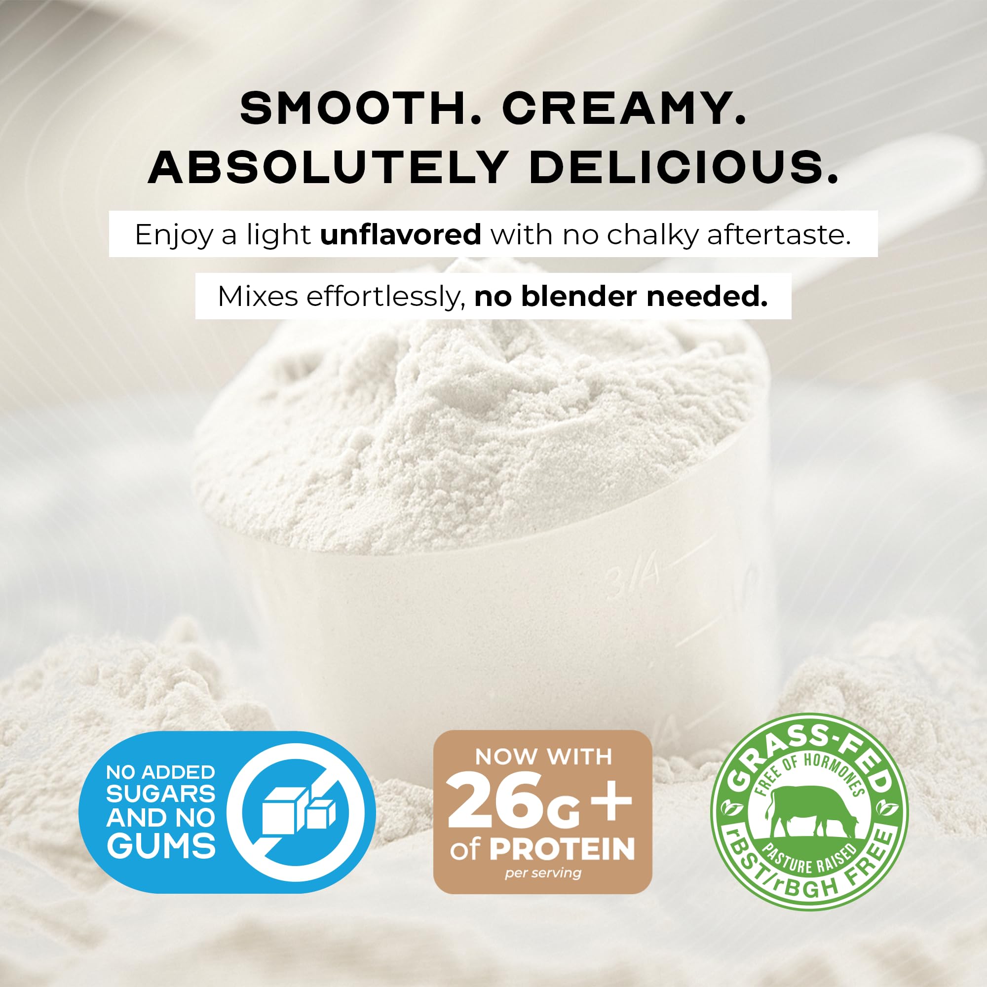 Muscle Feast whey isolate easy-mixing graphic suggests smooth, clump-free shakes