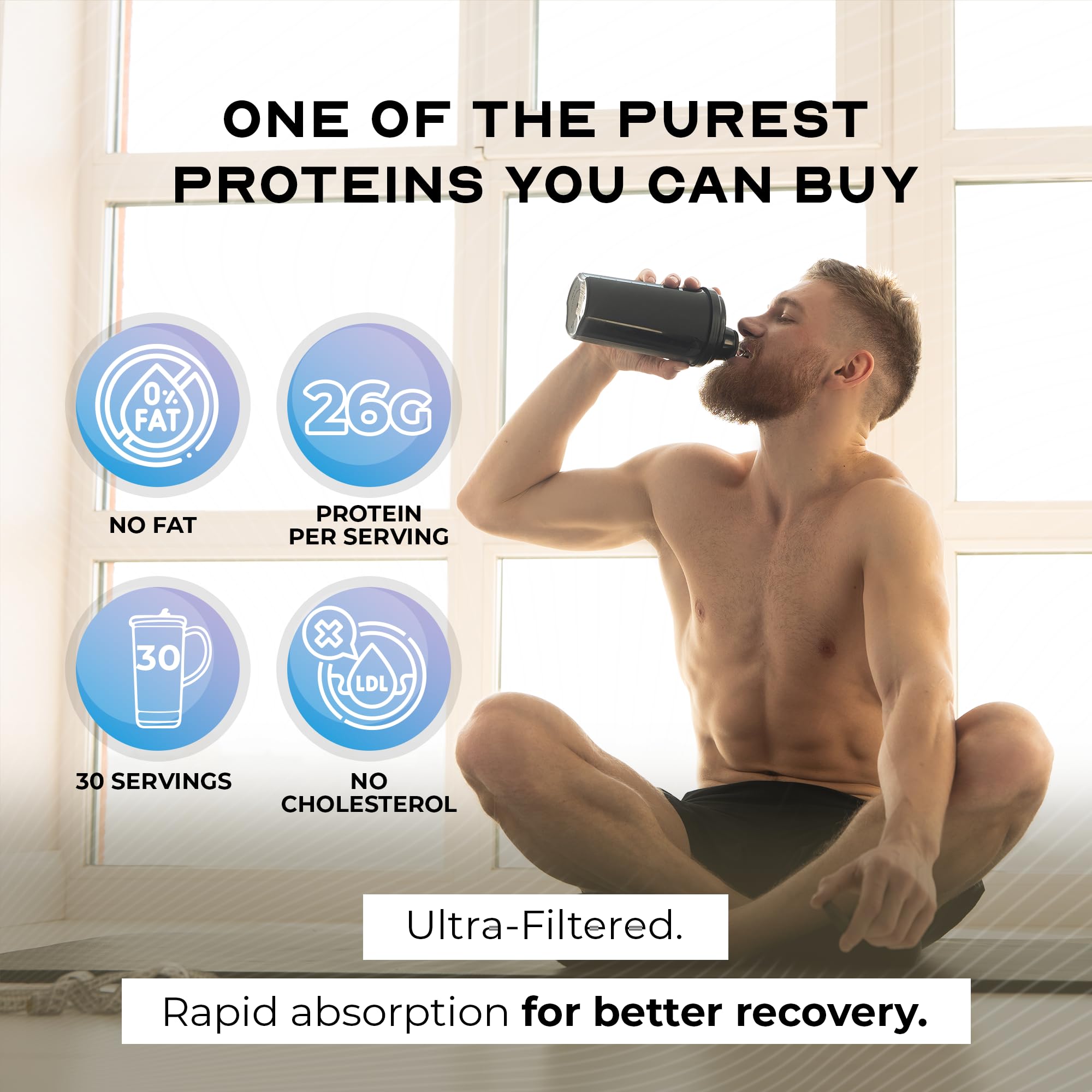 Muscle Feast whey protein scoop beside bottle, great for quick post-workout shakes.