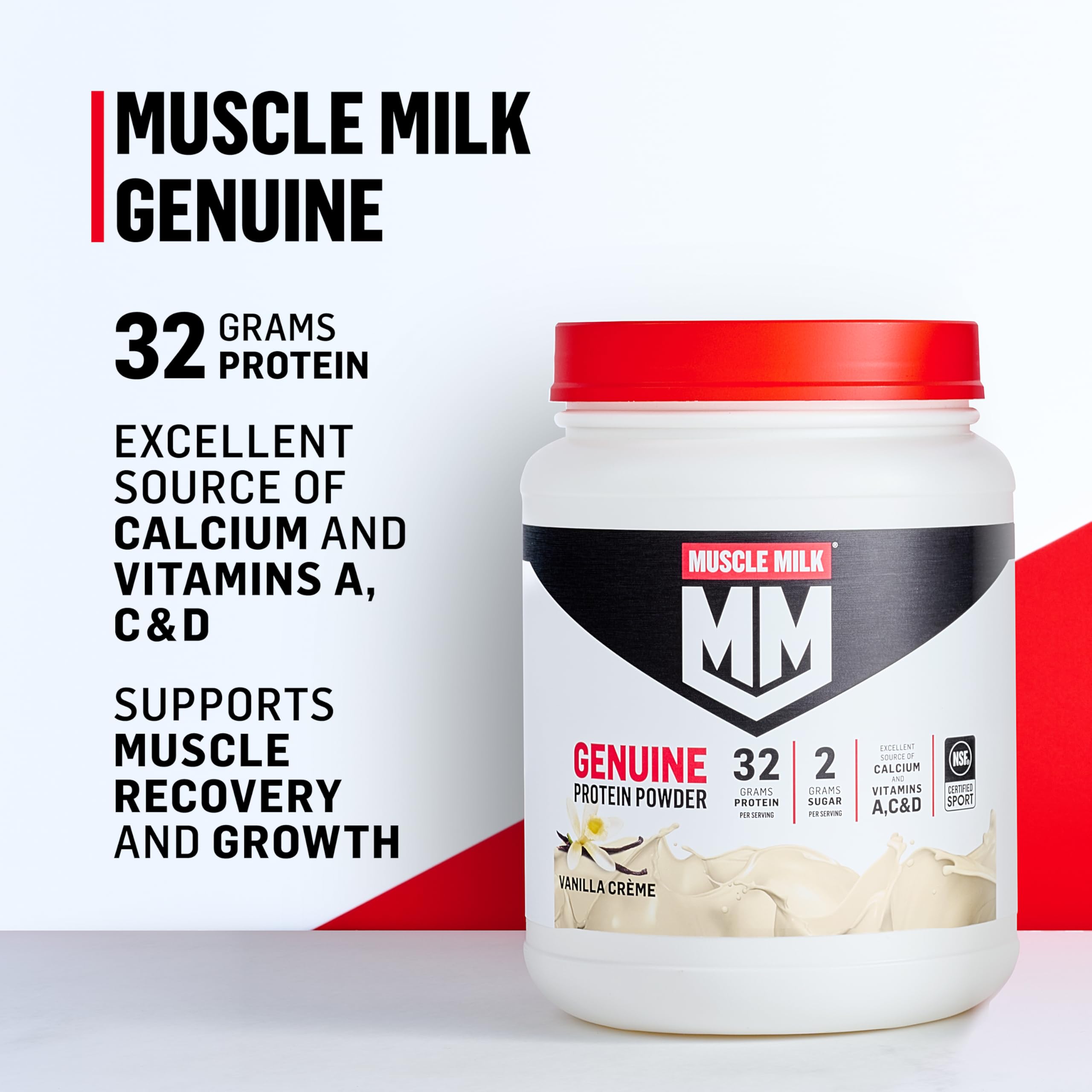 Muscle Milk with 20 vitamins and minerals per serving labeled on container.