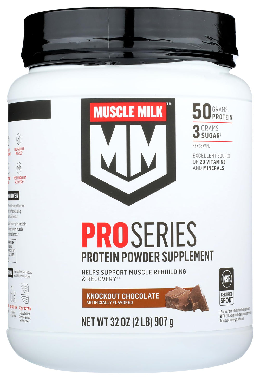 Muscle Milk Knockout Chocolate Pro Series 50 powder bag for lean protein fueling workouts.
