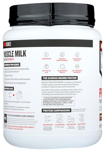 Pouring a Muscle Milk Pro Series 50 shake into a glass.