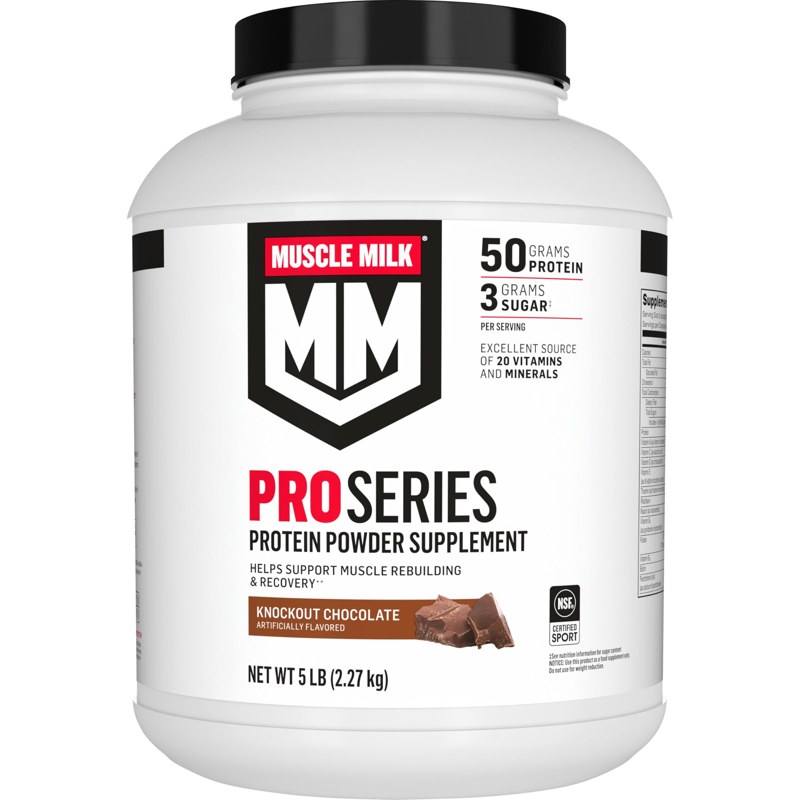 Muscle Milk Pro Series Knockout Chocolate canister front, high-protein for workouts.