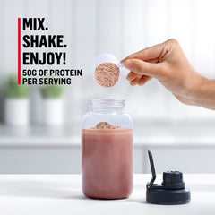 Shaker with creamy, smoothly blended protein drink on the go.