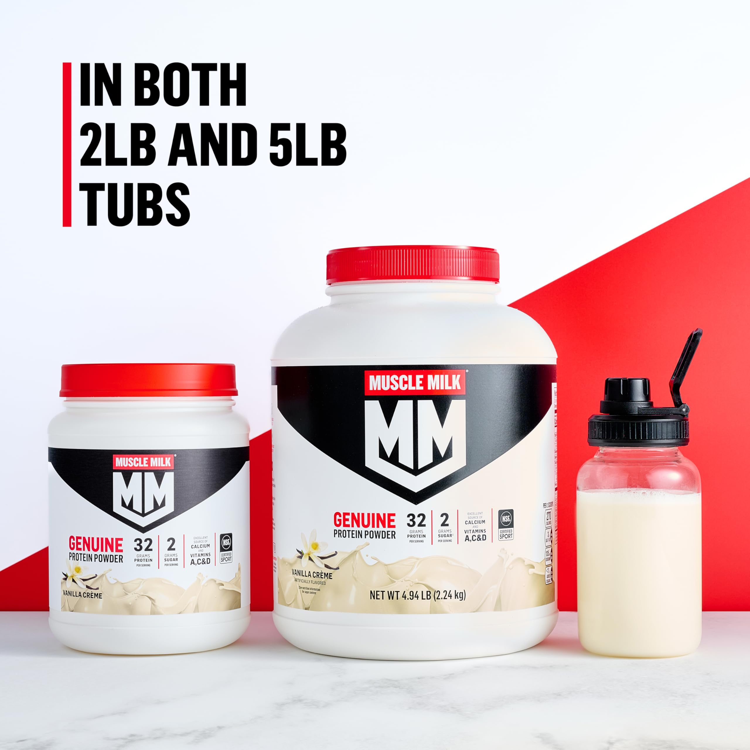 Muscle Milk Strawberries N Creme ready-to-mix shake in a glass.
