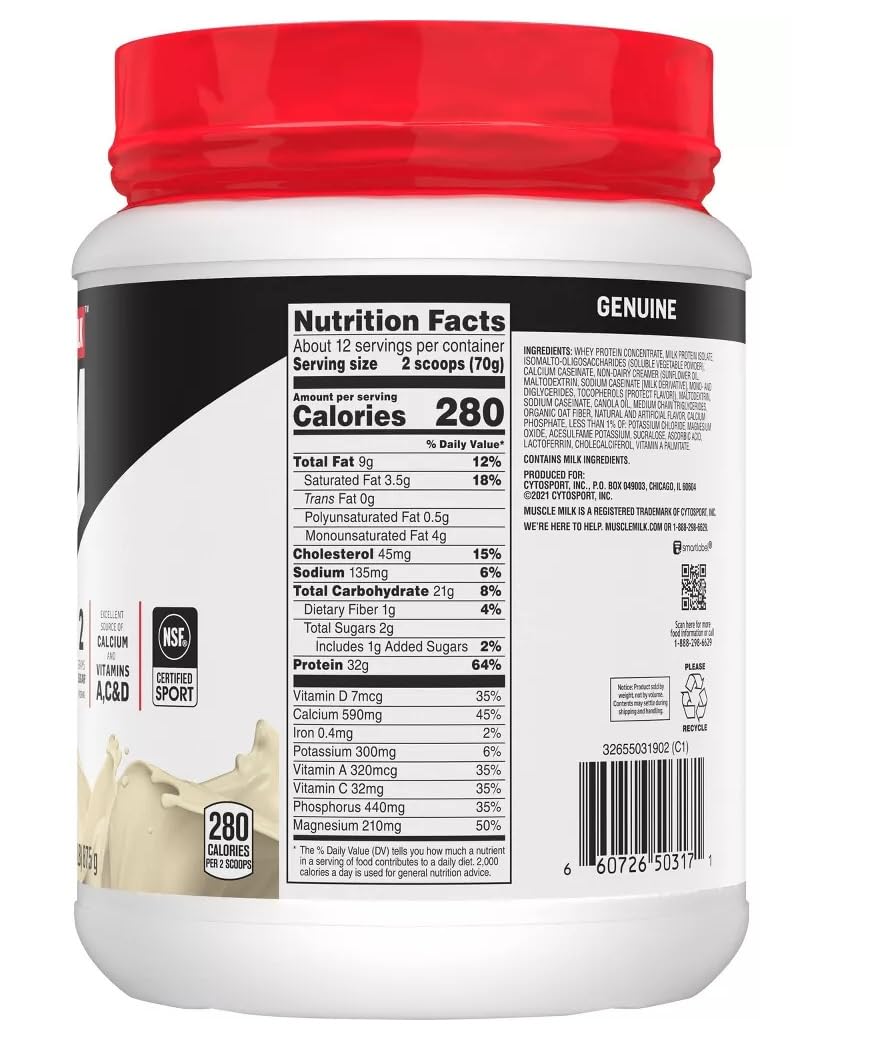 Muscle Milk Vanilla Creme nutrition label highlights protein option for anytime snack.