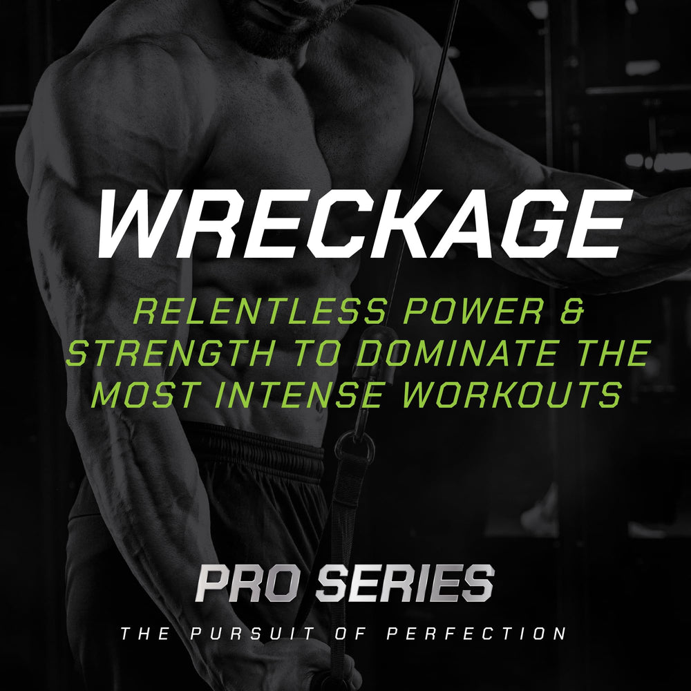 Muscle Pharm Pro Series WRECKAGE ready pre-workout ritual with glass and timer