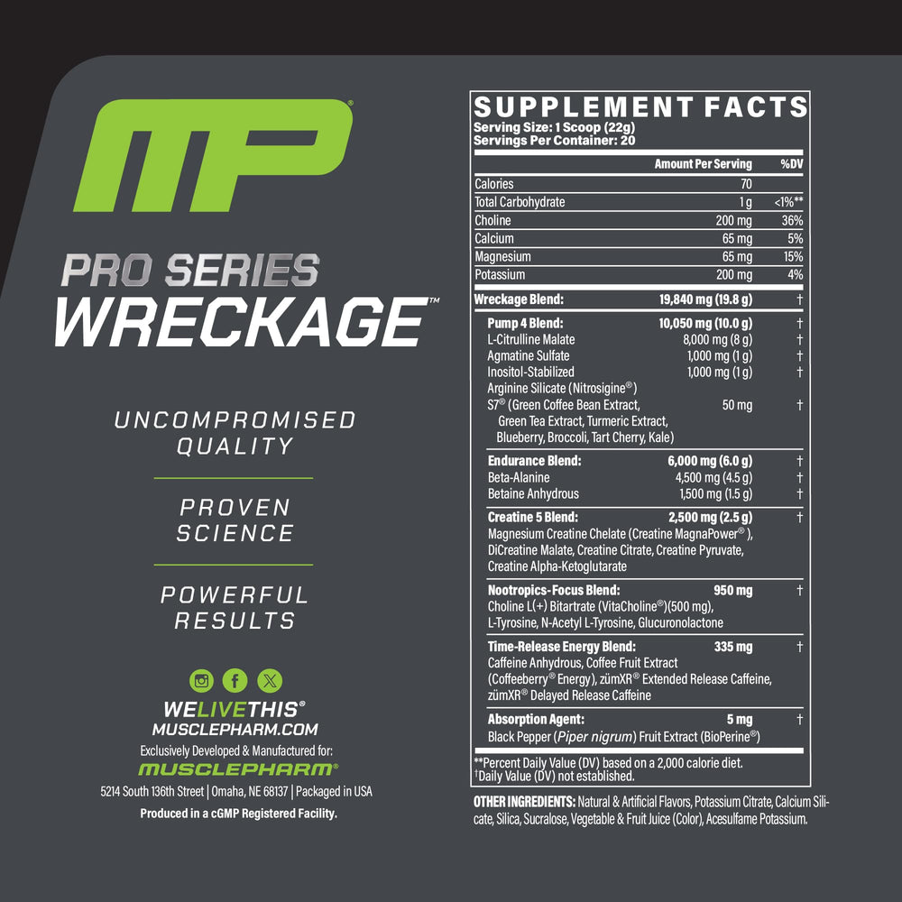 Muscle Pharm Pro Series WRECKAGE scoop pouring into glass shows quick mixability