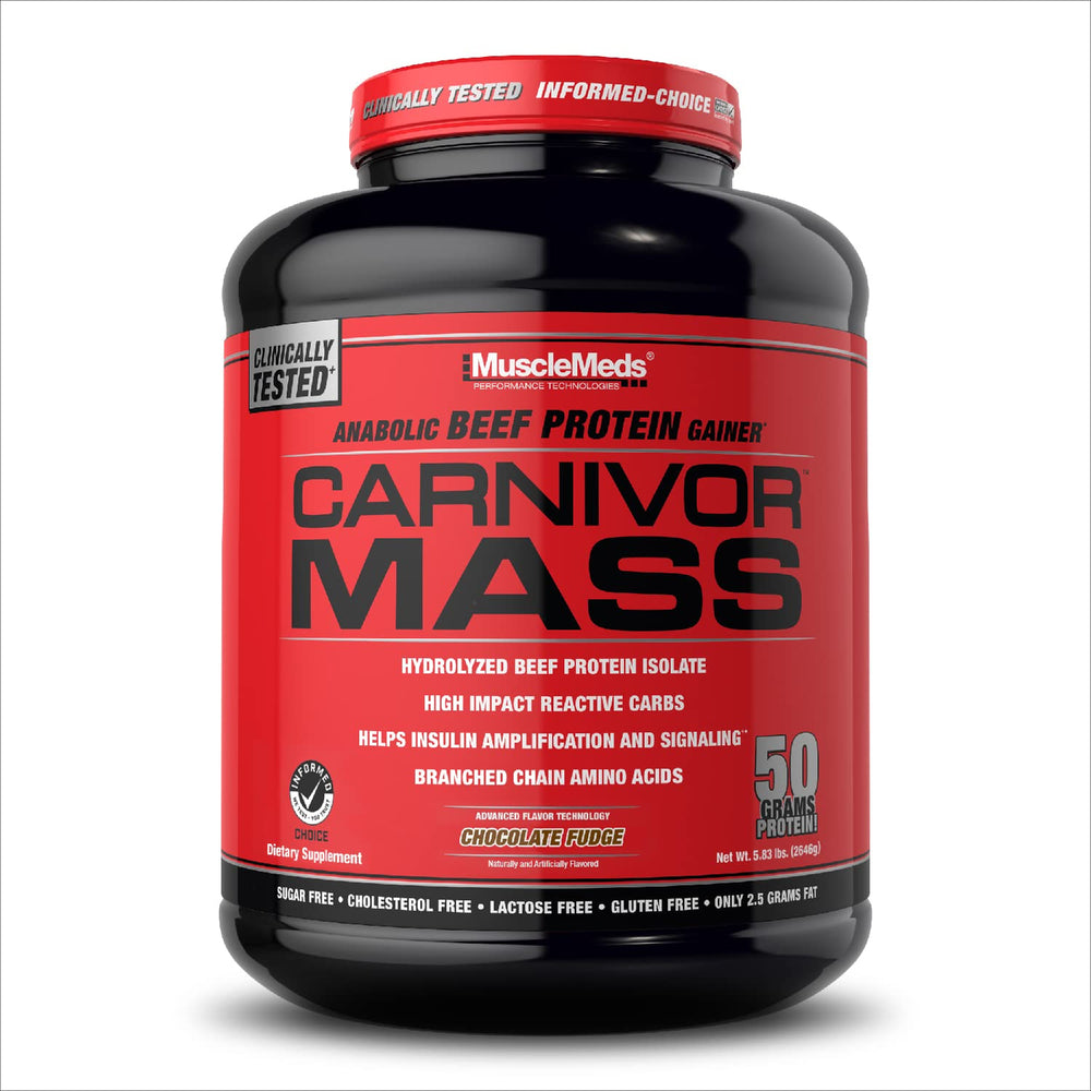 MuscleMeds Carnivor Mass bottle pour, ready to fuel workouts.