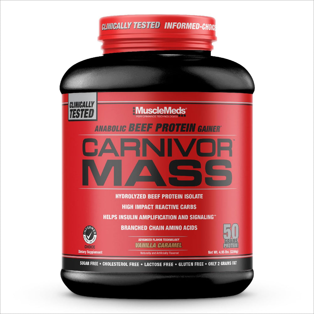 MuscleMeds Carnivor Mass bottle for convenient post-workout mass gain