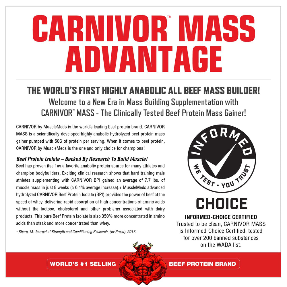 MuscleMeds Carnivor Mass label highlighting nutrition and macros