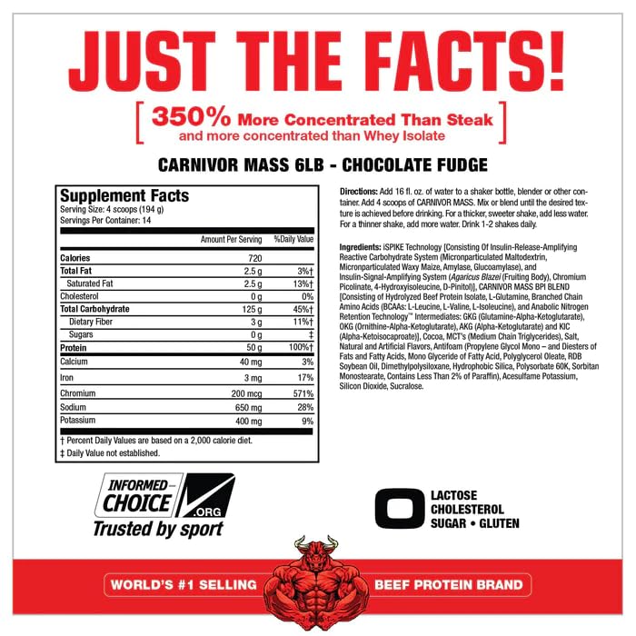 MuscleMeds Carnivor Mass scoop closeup highlights 50g protein.