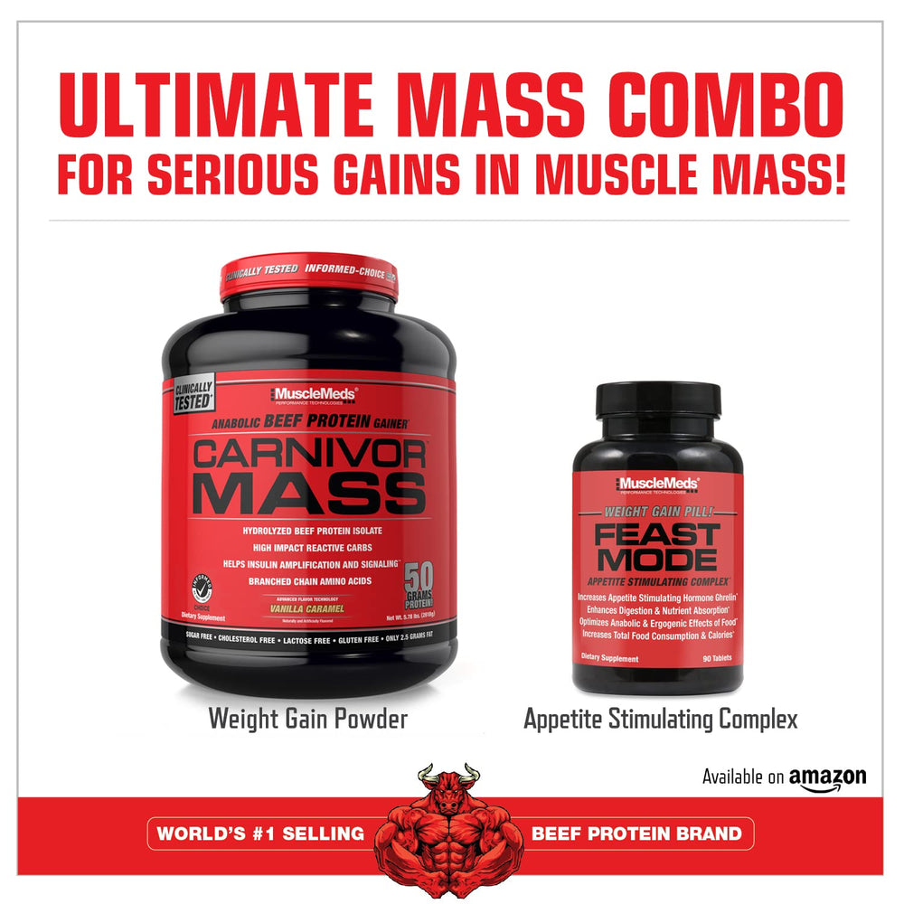 MuscleMeds Carnivor Mass vanilla caramel powder in a measuring cup supports energy during training.