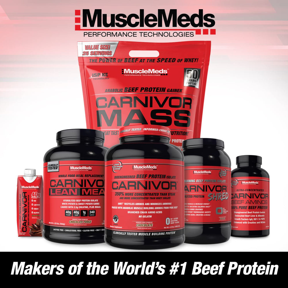 MuscleMeds Carnivor Mass vanilla caramel packaging communicates 720 calories per serving for mass goals.