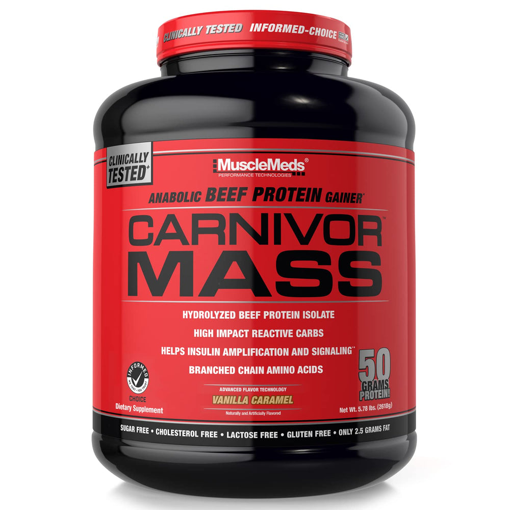 MuscleMeds Carnivor Mass vanilla caramel powder container supports post-workout recovery.