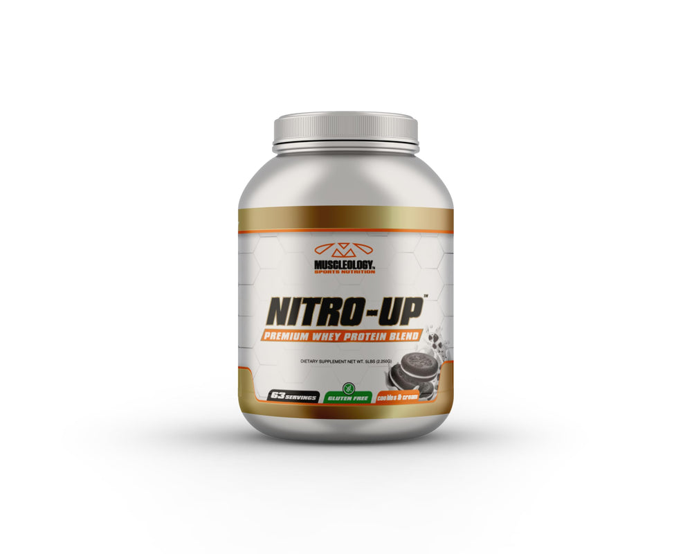 MUSCLEOLOGY Nitro-Up nutrition-facts-label indicating protein content and ingredients.