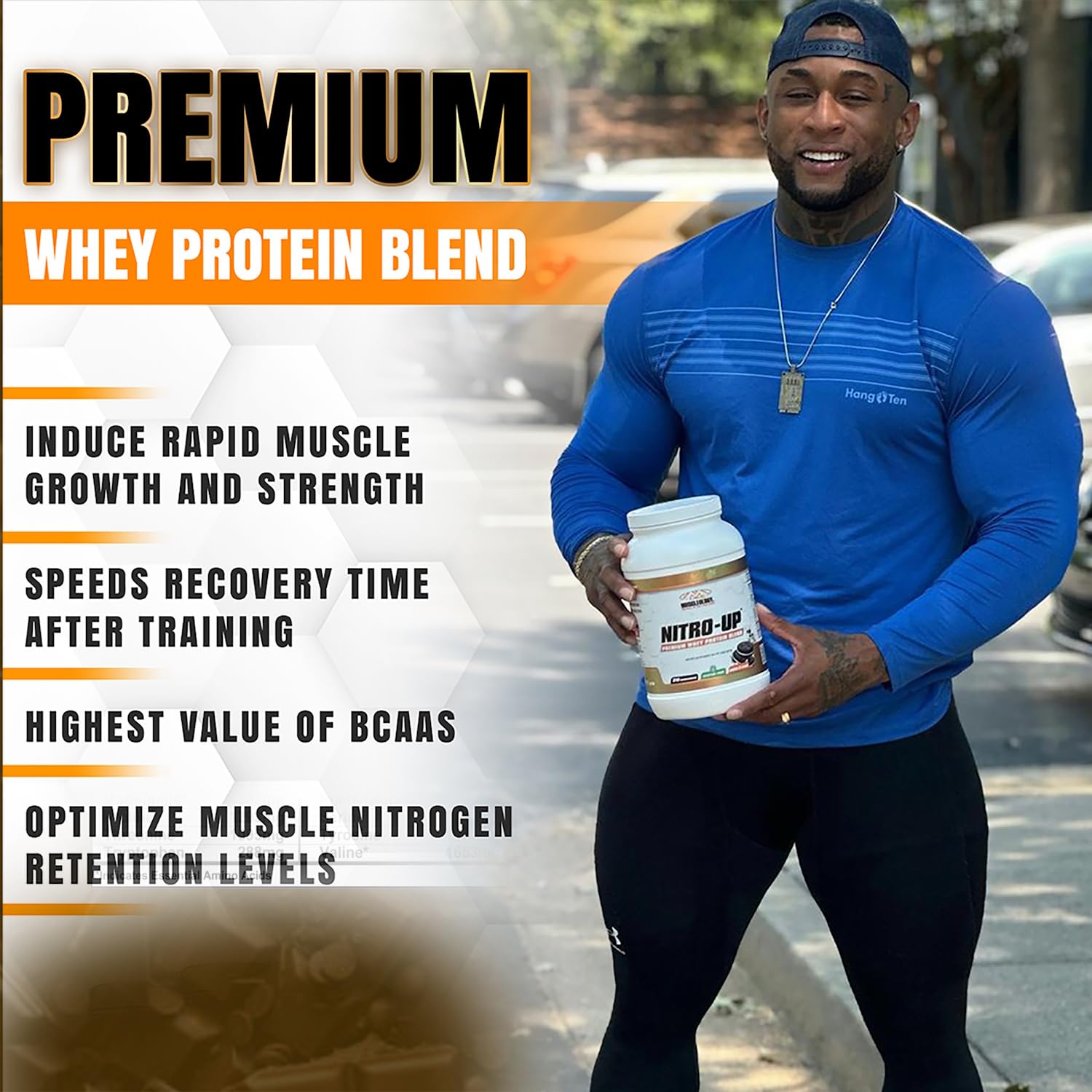 Muscleology Nitro-Up Whey cookies-cream serving suggests indulgent flavor and protein