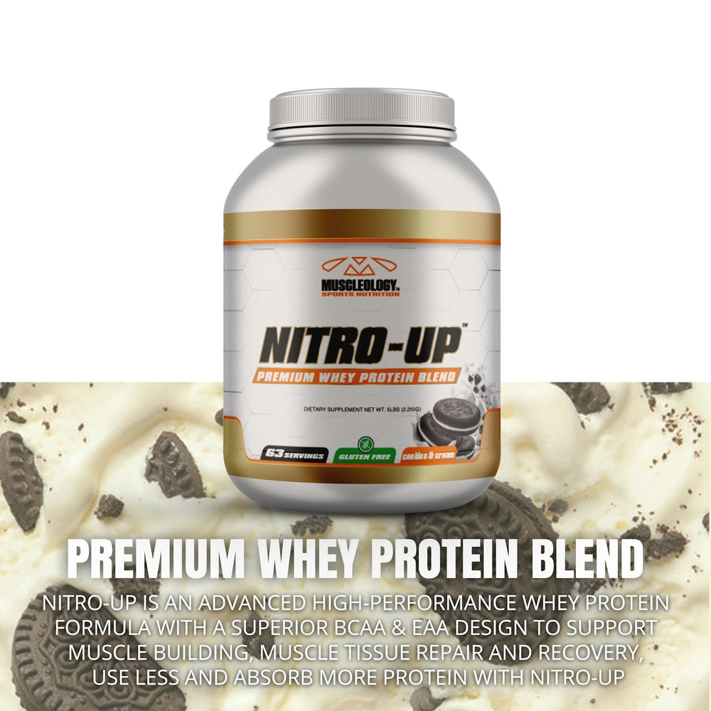 Muscleology Nitro-Up Whey cookies & cream tub displayed for flavor and mixability
