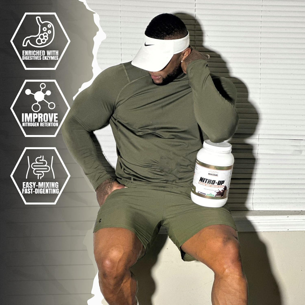 Muscleology Nitro-Up Whey digestive enzymes label emphasizes digestion support