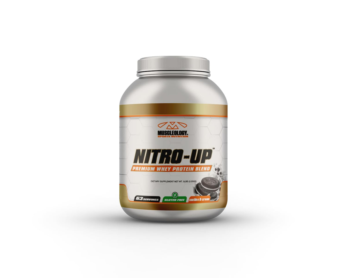 Muscleology Nitro-Up Whey front packaging showing premium protein for workouts