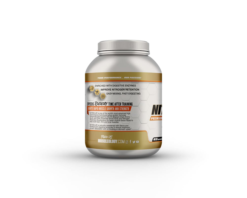 Muscleology Nitro-Up Whey label closeup with BCAAs and enzymes highlighted