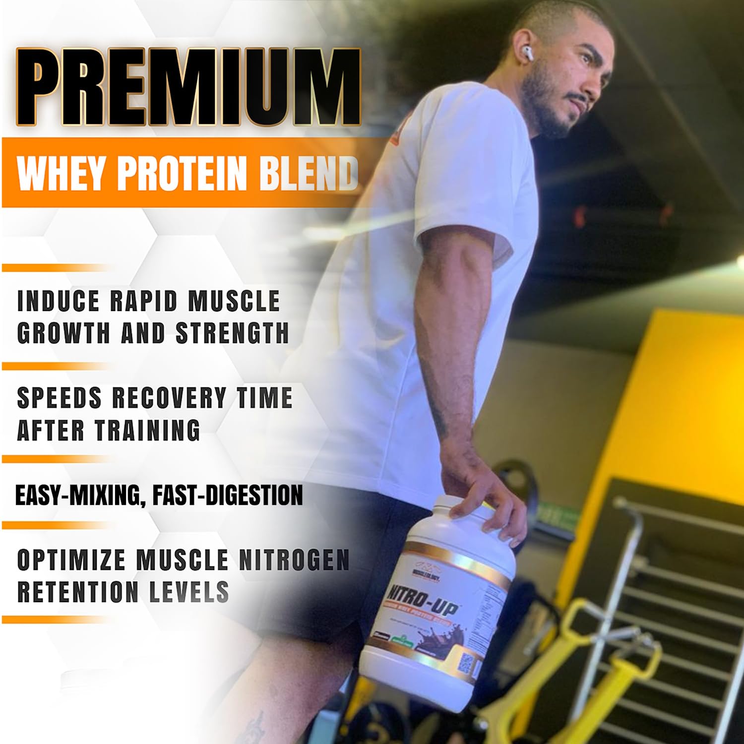 MUSCLEOLOGY label close-up showing blend quality and nutrition details.