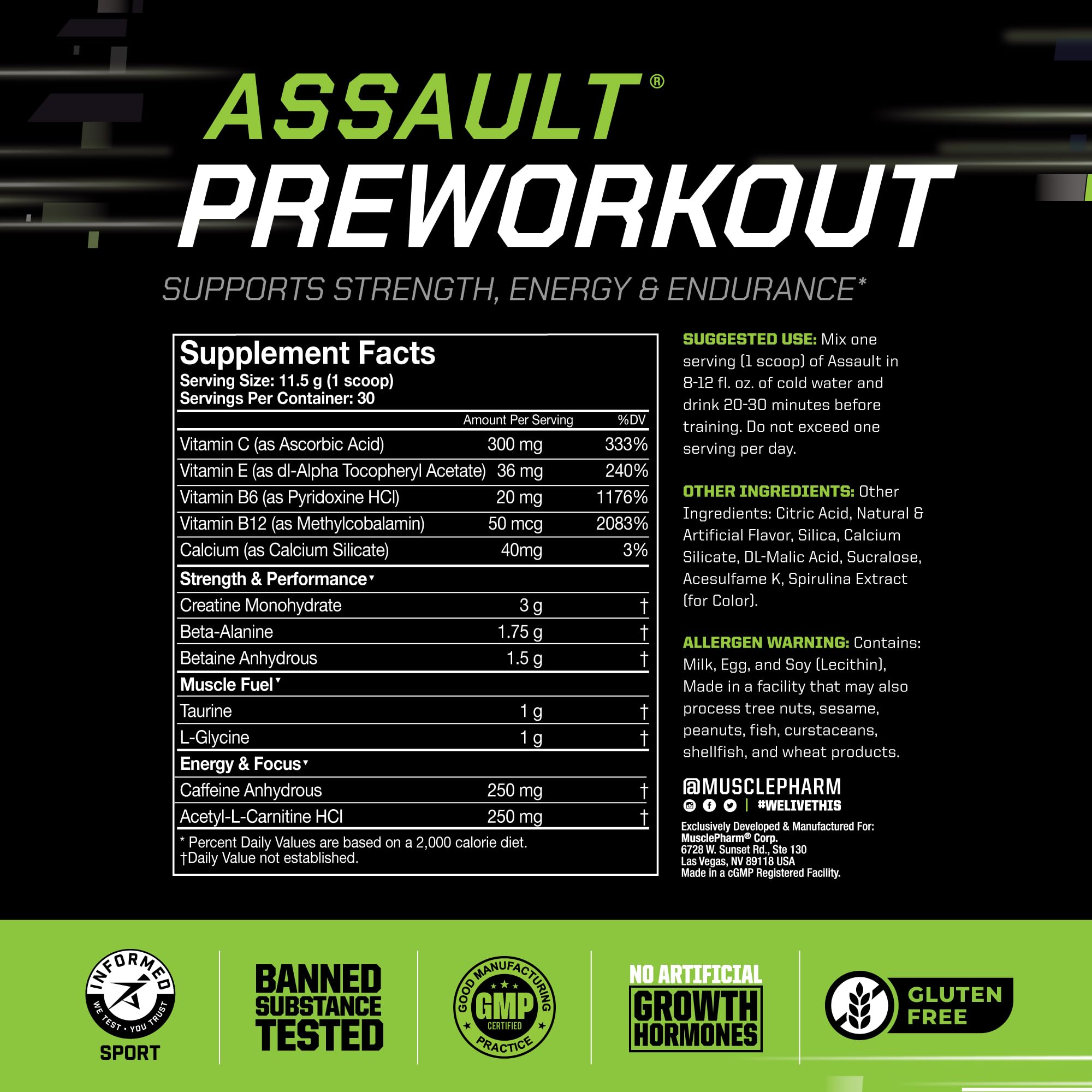 MusclePharm Assault blue raspberry powder mixing in water