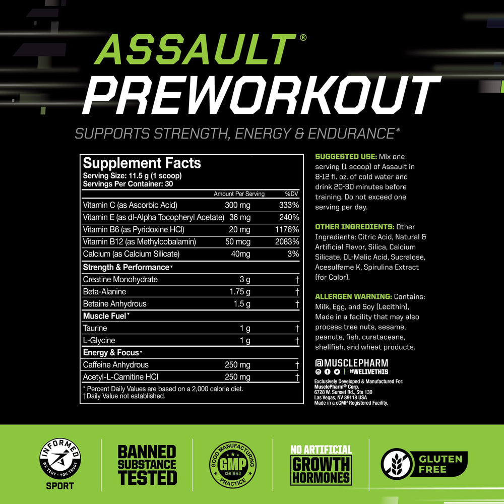 MusclePharm Assault blue raspberry powder mixing in water