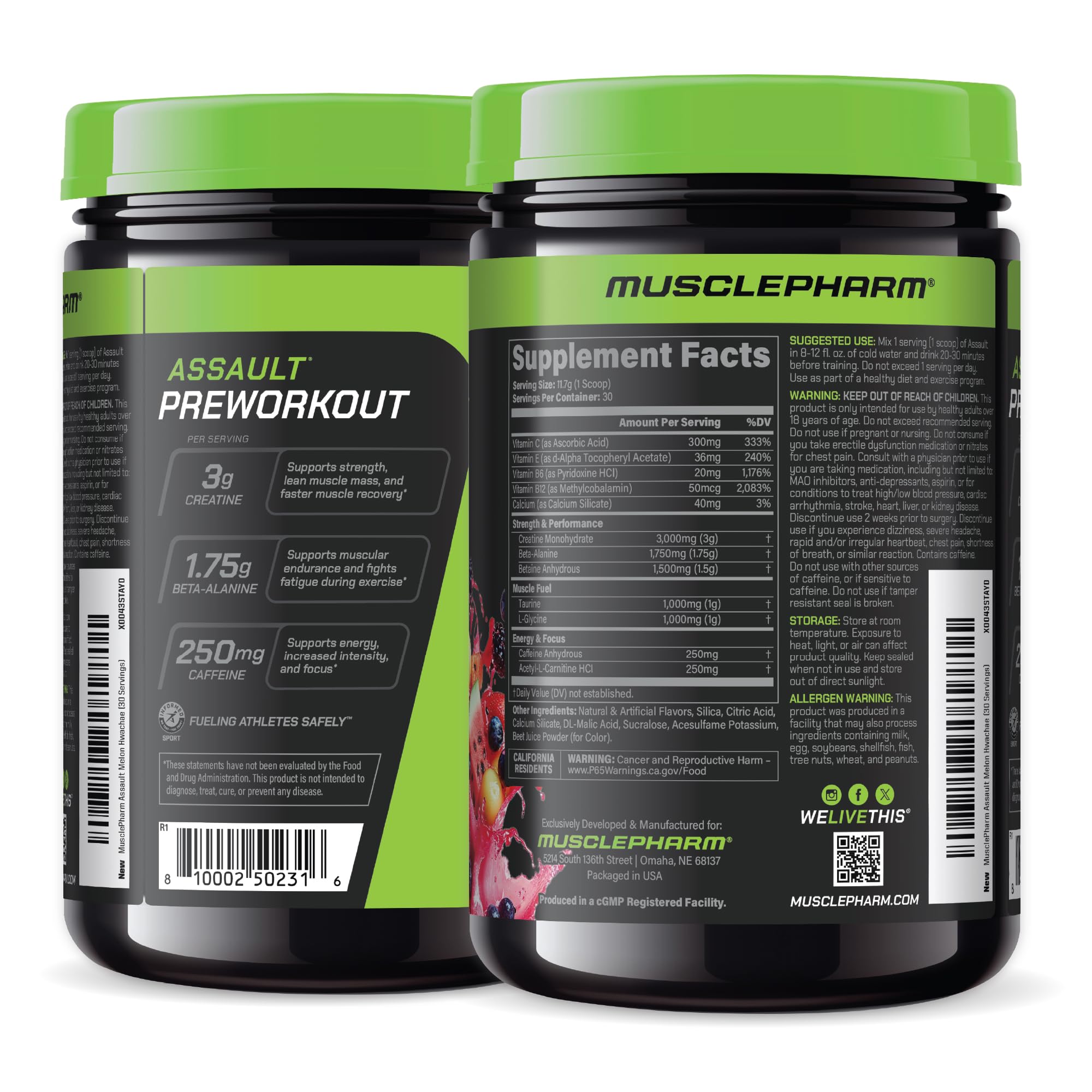 MusclePharm Assault can and scoop ready to mix before workout.