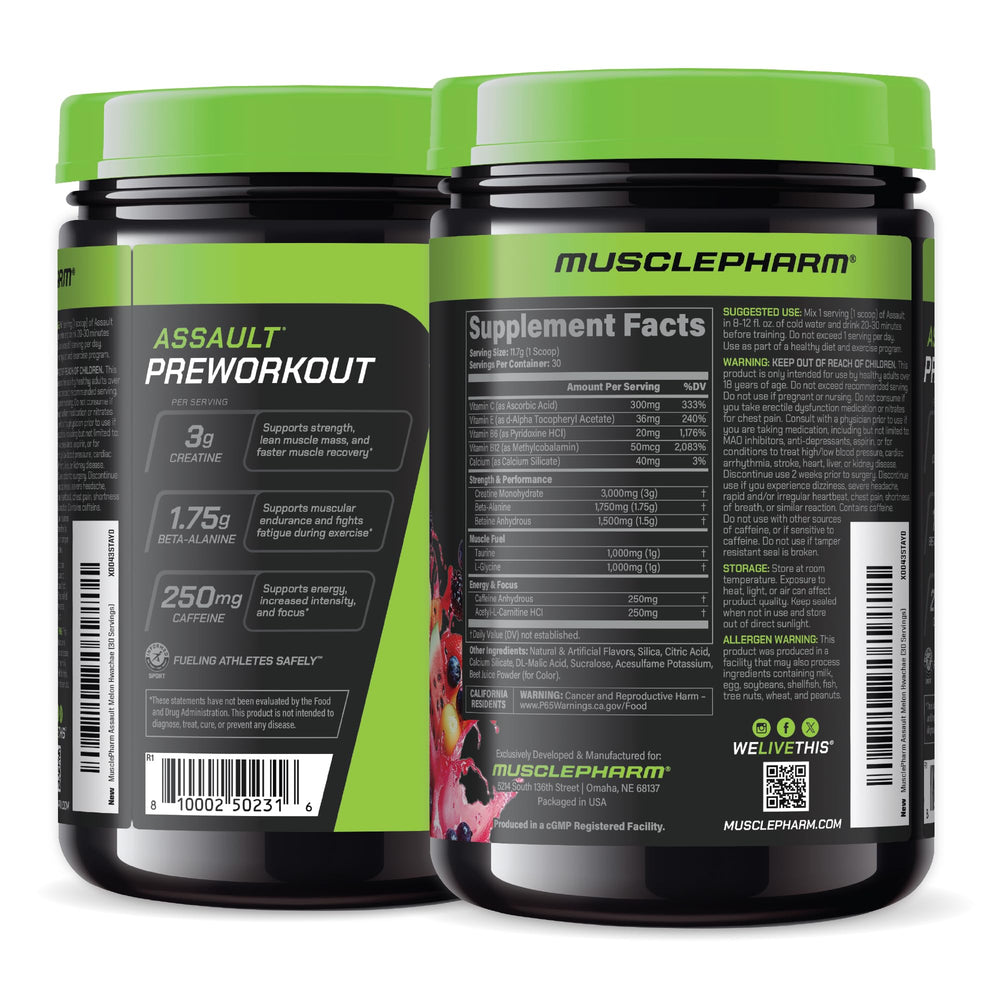 MusclePharm Assault can and scoop ready to mix before workout.