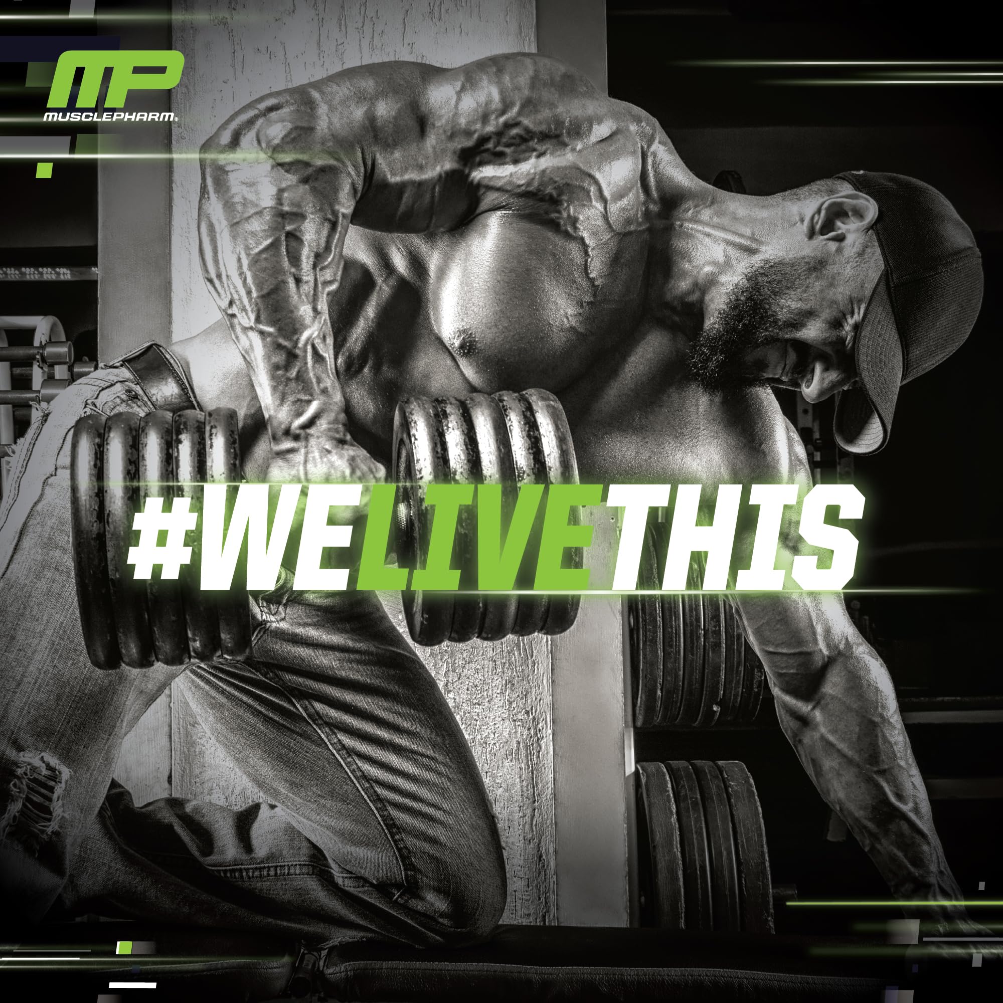 Box and tub of MusclePharm Assault on gym shelf for easy access.